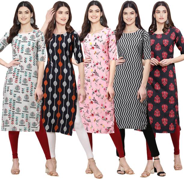 Pack of 5 Women Printed Crepe Straight Kurta Price in India