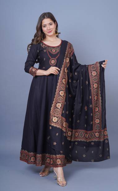 Women Self Design Viscose Rayon Gown Kurta With Attached Dupatta Price in India