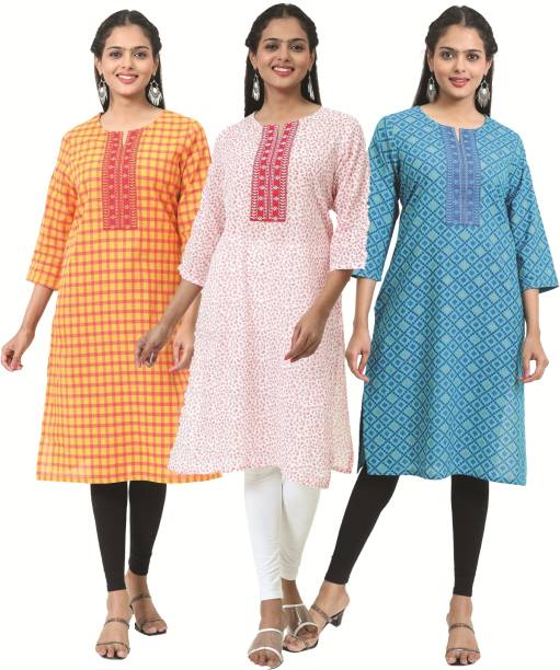 Pack of 3 Women Embroidered Pure Cotton Straight Kurta Price in India