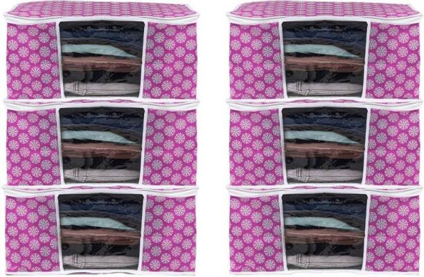 Beyond Imagine New Non Woven Patti Design Quilted saree Cover Bag/ wardrobe organizer with transparent window Pink Bag Pack Of 6