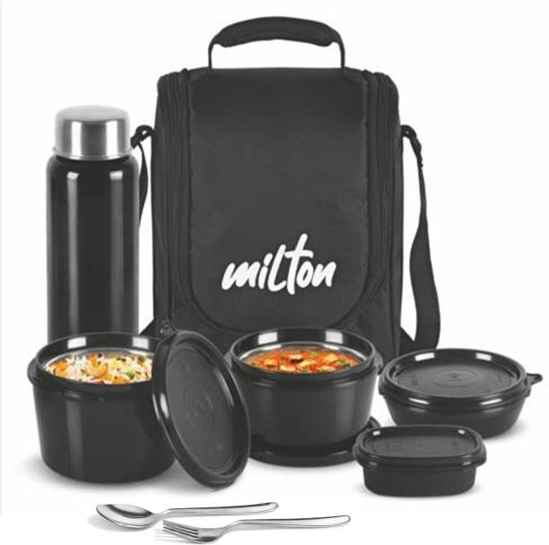 MILTON Pro Lunch Box (3 Containers, 1 Chutney Dabba, 1 Bottle, Spoon, Fork, 1 Jacket) 4 Containers Lunch Box