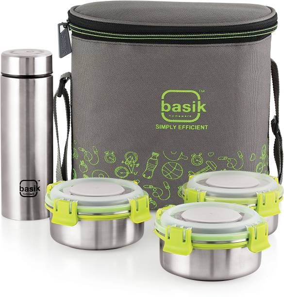 BASIK Featherline Jumbo Lunch Box with Stainless Steel 640ml Bottle, 3 Containers Lunch Box