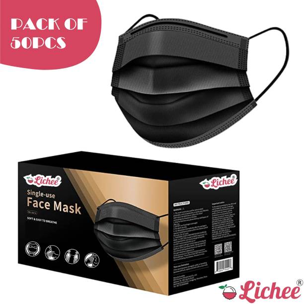 LICHEE Disposable Black Surgical Mask With Nose Pin ISO Certified 3Ply Mask 50PCS Pharmaceutical Breathable Black Surgical Face Mask Reusable, Water Resistant, Non-Washable Surgical Mask With Melt Blown Fabric Layer