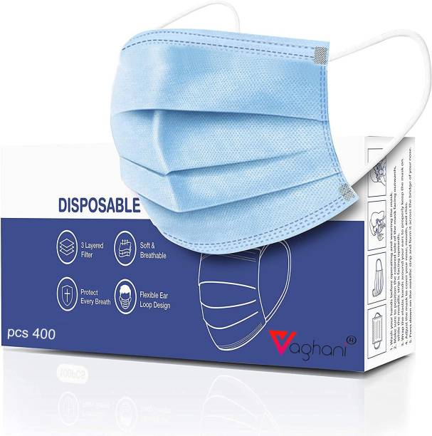 Vaghani 400 Pcs Blue Nose Pin Disposable Iso 3 Ply Pharmaceutical Polluation Mask 3 Ply Surgical Mask 400 Pcs ( Blue )( 75 Gsm )( Primium ) Surgical Mask With Melt Blown Fabric Layer