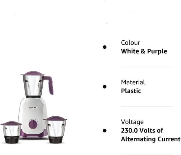 BAJAJ N40081 Ninja Series Carve 750 Mixer Grinder (3 Jars, White & Purple)