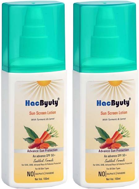 HacByuty Sunscreen Lotion (100ml+100ml ) With Turmeric, Carrot & Cucumber Pack Of 2 - SPF 50+