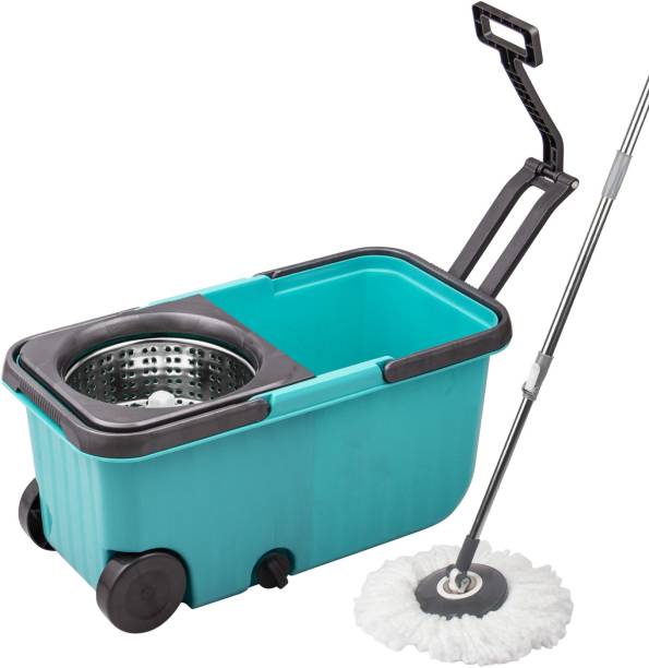 POLYSET Dual Mop Bucket with Wheels, Microfiber Mop with 1 Refill, Easy Cleaning for Home, Kitchen, Office and Retail Shops, Adjustable Height and Clip Lock Handle, Self-Wringing 360 Spinner, Mop Set