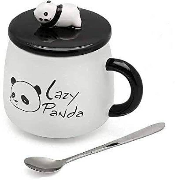 Satyam Kraft Cute 3D Lazy Panda Printed Panda Ceramic Coffee Milk Tea Cup with Funny Lid and Stainless Steel Spoon-Perfect Novelty Gift for Mom, Girls, Girlfriend, Wife, Panda Lovers Ceramic Coffee Mug