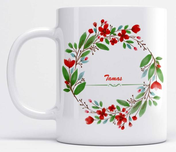 LOROFY Name Tamas Printed Red Floral Design White Ceramic Coffee Mug