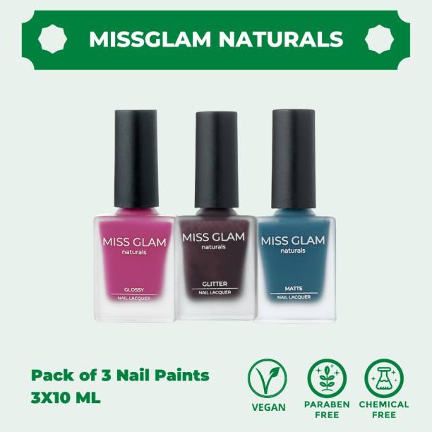 MissGlam Naturals 100% Vegan Pack of 3 Nail Polishes - Matte+Glitter+Glossy Multicolor
