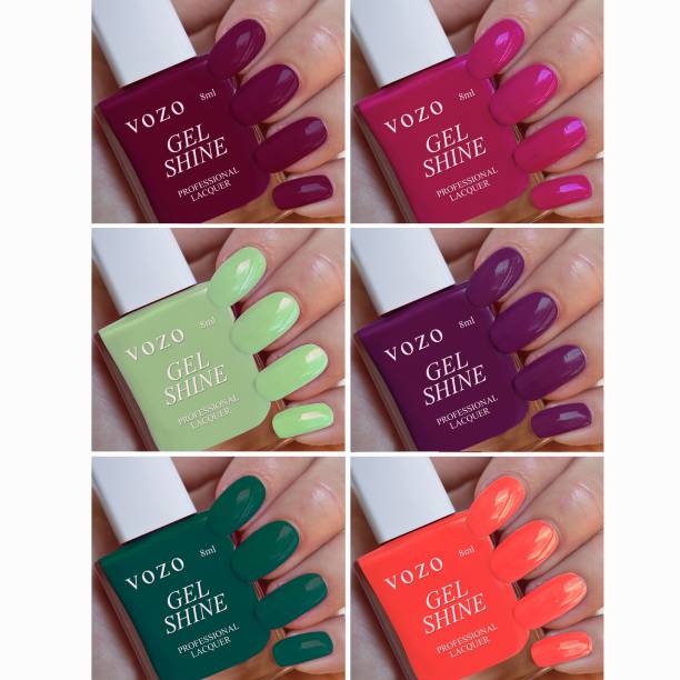VOZO Charming Nail Polish Pastel Shades HD Gloss Shine Set of 6 Bottles(VT-2) Dark Wine, Magenta Pink, Light Moss Green, Midnight, Redium Green, Brink Pink
