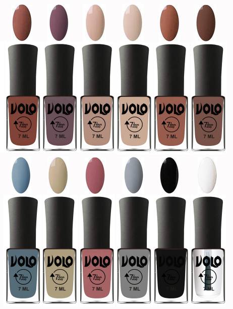 Volo No Chipping-No Fading Longest Lasting Ever Nail Polish Set at Big Promotional Price Combo-No-197 Light Nude, English Nude, Light Blue, Top Coat, Chocolate Peach, Light Grey, Nude, Brown, Black, Chocolate Brown, Skin Nude, Light Purple