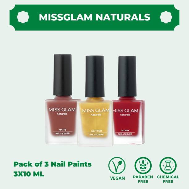 MissGlam Naturals 100% Vegan Pack of 3 Nail Polishes - Glitter+Matte+Glossy Multicolor