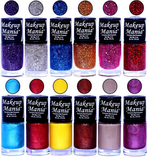 Makeup Mania HD Color Nail Polish Set of 12 Pcs (Combo MM-122) Purple, Silver, Blue, Golden, Pink, Red Glitter, Dark Copper, Bright Yellow, Dusky Nude