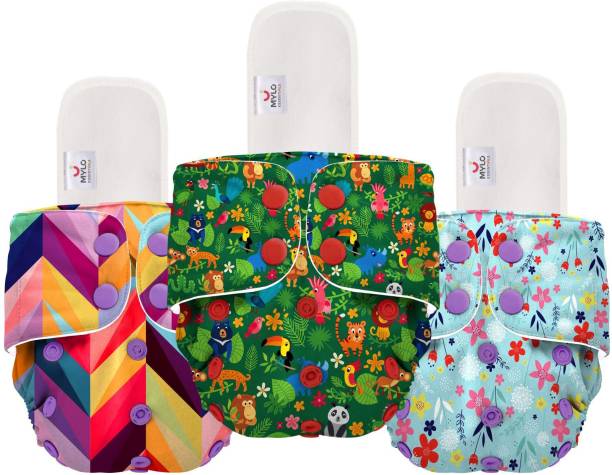 MYLO Free Size Washable & Reusable Cloth Diaper With 3 Dry Feel Absorbent Soaker Pad (3M-3Y)-Jungle + Rainbow + Floral-Pack of 3