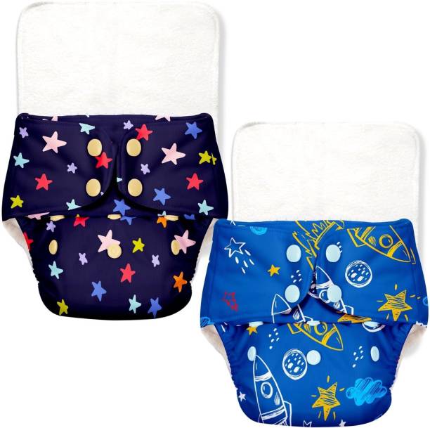 Superbottoms BASIC Certified Soft Fleece Lined 2 Pocket Diapers with 2 Wet-Free Insert with Snaps (One Size Adjustable Diapers, 5-17 kg) (Pack of 2 diapers+ 2 inserts) Assorted prints