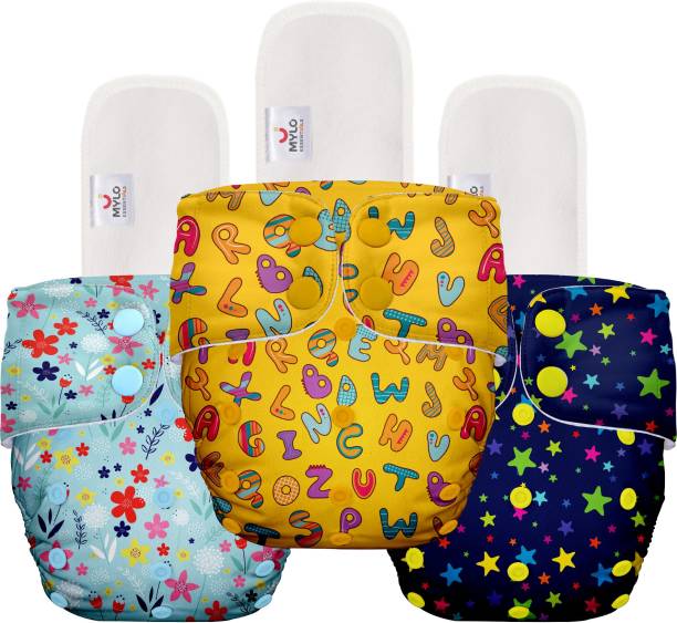 MYLO 100% Cloth Diapers for Babies. Reusable, Washable and Adjustable Nappies with Adjustment Snap Buttons and Wet-Free Insert Pads |Pack Of 3| - ABC + Twinkle + Floral