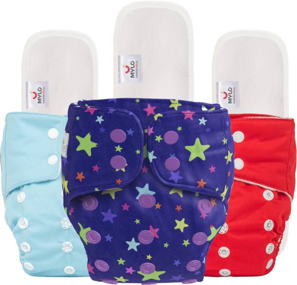 MYLO 100% Cloth Diapers for Babies (0 - 2 Years), Reusable, Washable with Adjustment Snap Buttons and Wet-Free Insert Pads (Set of 3) Oeko-Tex Certified - 2 Solid + 1 Twinkle Print