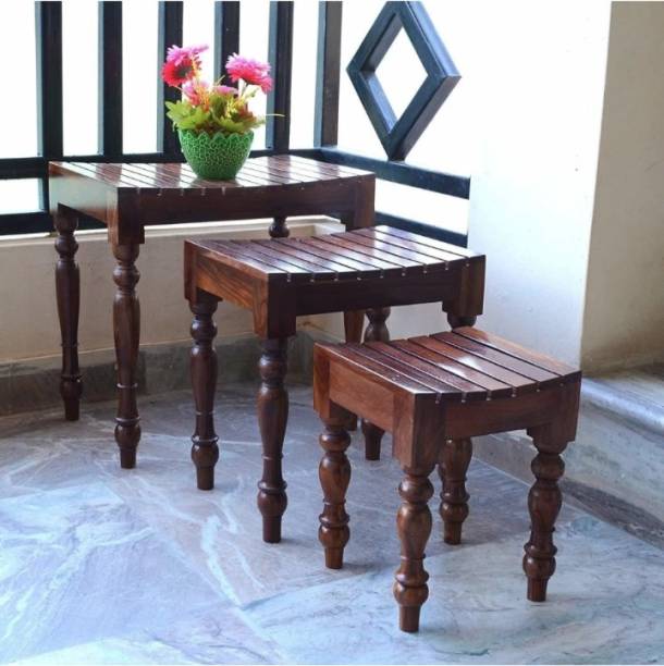 Woodware Solid Sheesham Wood Nesting Tables for Living Room Set of 3|Stools For Home| Solid Wood Nesting Table