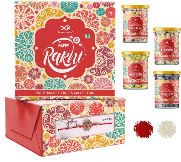 Greenfinity Premium Rakhi Gift Hamper for Brother Combo with Flavored Dry fruits Cashews, Almonds