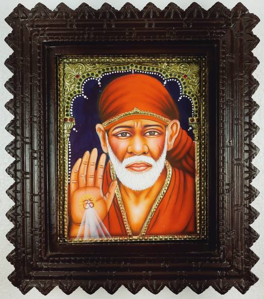 JlineArts Sai Baba Tanjore Painting, Traditional Art Work Canvas 13 inch x 11 inch Painting