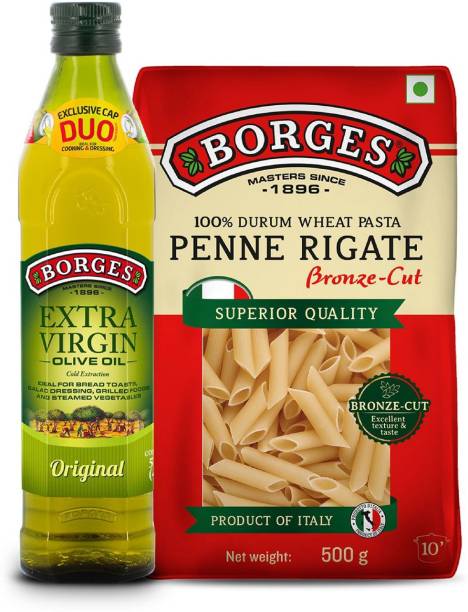 Borges Penne Rigate Durum Wheat Pasta & Extra Virgin Olive Oil, Healthy Cooking Olive Oil Glass Bottle