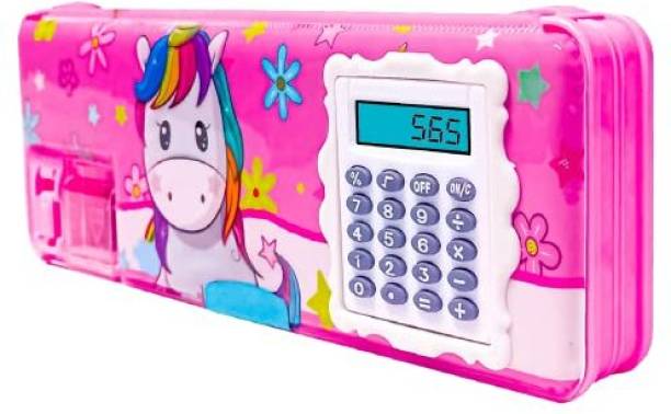kistapo Unicorn Dual Side Pencil Box with Rotating Calculator Unicorn Art Plastic Pencil Box