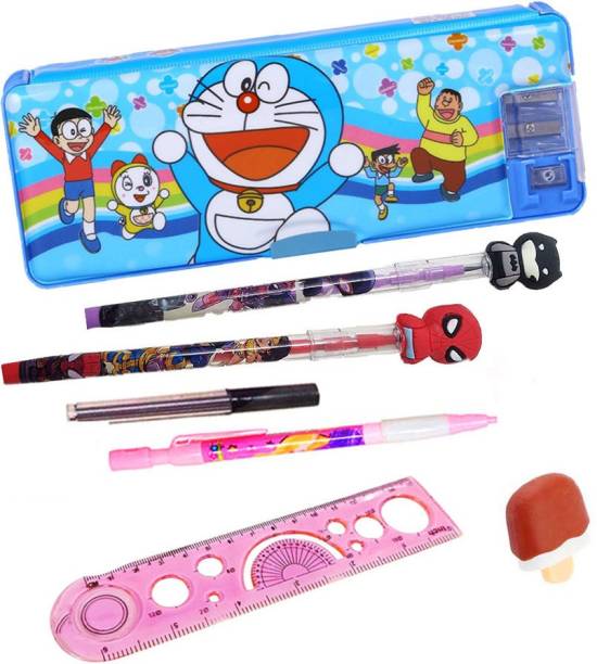 Neel School Stationery Gift Set Combo for Kids Doraemon Calculator Geometry Box for Kids Stationery Avenger Pencil/Mechanical Pencil/Scale/Eraser Return Gift Art Plastic Pencil Box
