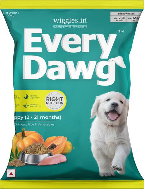 Wiggles EveryDawg Puppy Dry Food, 100g, 2-21 months-German Shepherd, Labrador, Small Pet Chicken 0.1 kg Dry New Born, Young Dog Food