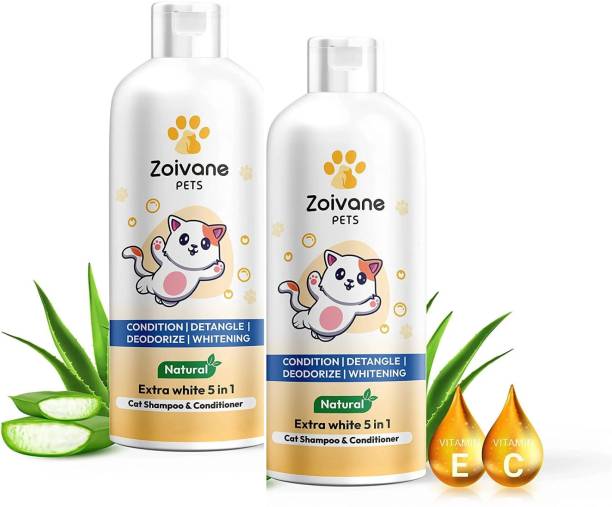 Zoivane Extra White 5 in 1 Cat Shampoo & Conditioner, Aloe Vera - 100 ML Pack of 2 Allergy Relief, Anti-microbial, Conditioning, Whitening and Color Enhancing Floral and Sweet Cat Shampoo