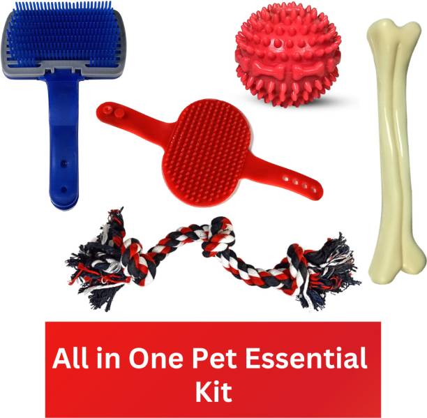 jazzyhood All in One Dog combo ( Pet Essential Kit) for all breeds . Palm Glove, Brush Plastic, Cotton, Rubber Ball, Bone, Chew Toy, Rubber Toy, Tug Toy, Training Aid For Dog & Cat