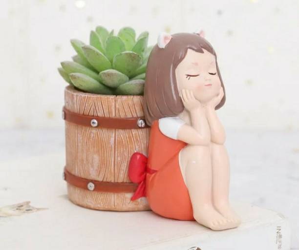 8Cross Handmade Cute Thinking Girl with Barrel Design Resin Pot Multipurpose Decorative Plant Container Set