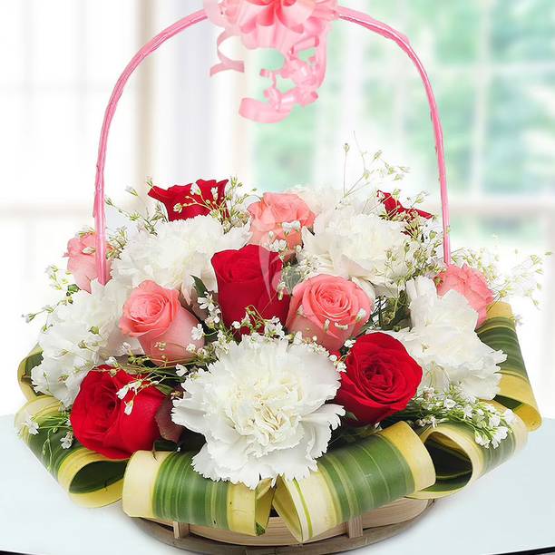 Floweraura Pink, White Carnations, Roses Bouquets, Flower Basket