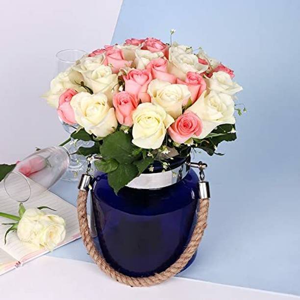 Floweraura Pink, White Roses Bouquets, Flower Basket