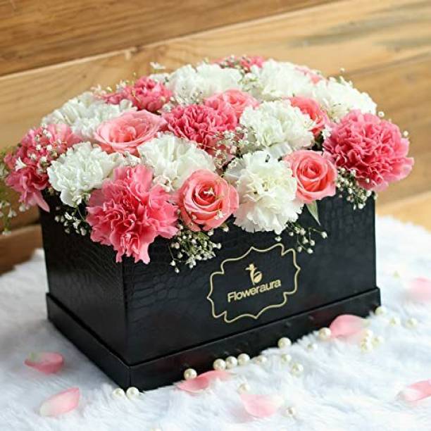 Floweraura White, Pink Carnations, Roses Bouquets, Flower Basket