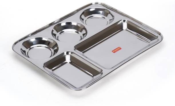 Sumeet Stainless Steel Rectangular 5 in 1 Compartment Lunch / Dinner Plate, 37.4cm Sectioned Plate