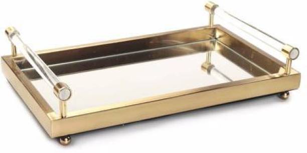 99KART Shine to Dine Glass Metal Tray Mirror Glass Tray With Golden Metallic Accents Tray
