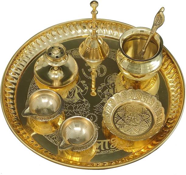 BENGALEN Brass Pooja Thali Set 8 Inch with Pital Plate Home Mandir Gift Items Brass