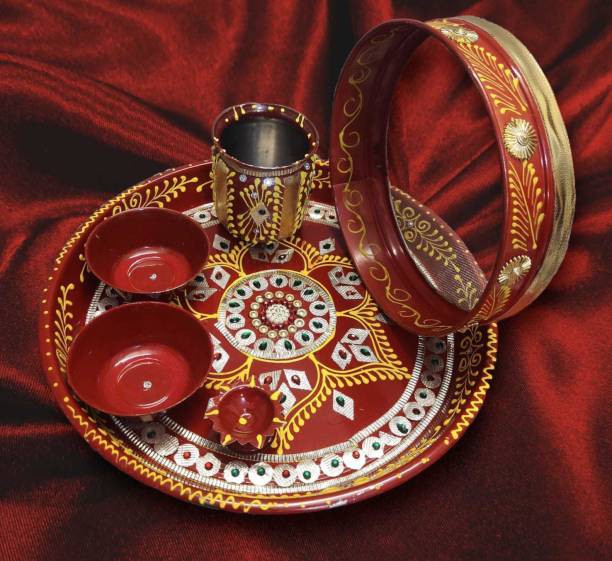 RIGDOM Karwa Chauth 6 Pieces Decorative Pooja Thali Set ( Red) ( Thali Size 11'') Stainless Steel