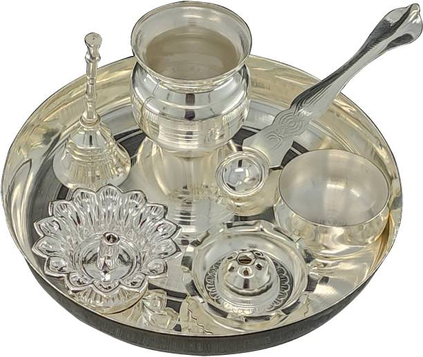 BENGALEN Pooja Thali Set Silver Plated with Accessories Home Puja Return Gift Items Silver Plated