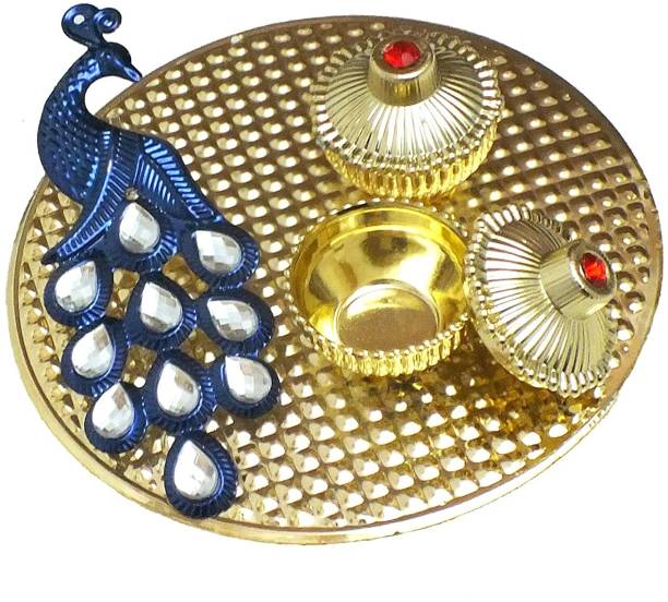 Rangoliartss Ethnic Golden Metal haldi kumkum Holders with 2 Vatis Aluminium