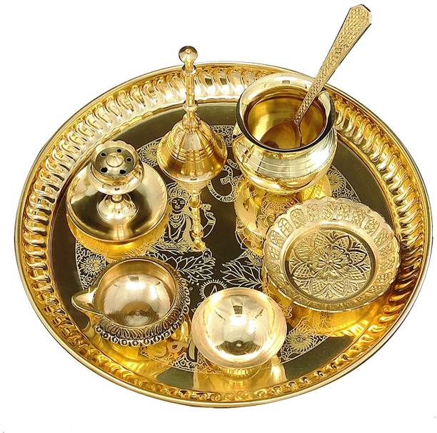 BENGALEN Brass Pooja Thali Set 8 Inch Home Mandir Puja Return Gift Items Brass