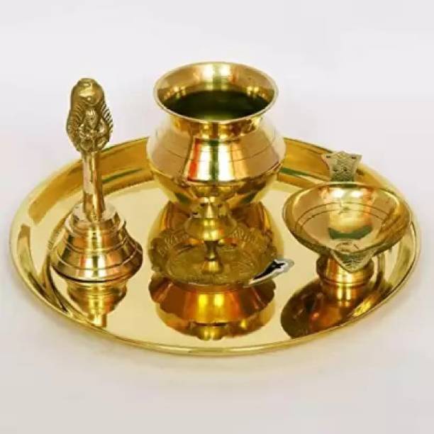 BUY N RELAX Pure Brass Set 5 Piece Pooja Plate, Ghanti, Diya(Deepak), Lota, Agarbati Stand Brass
