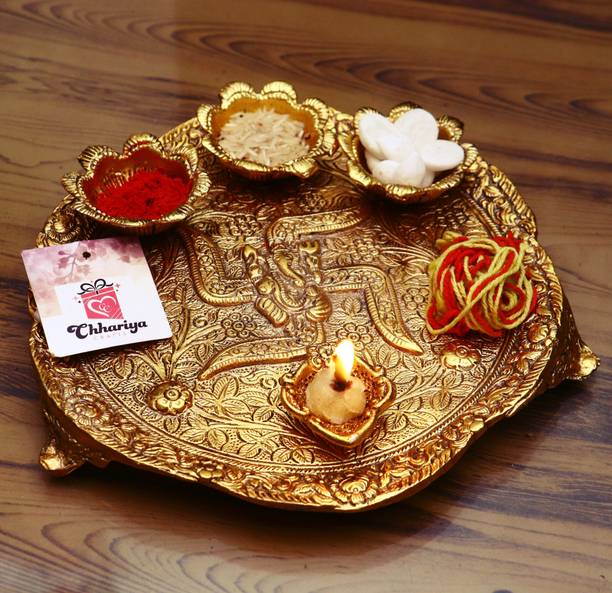 Chhariya Crafts Pooja Thali with Diya Gold Plated for Home and Office Temple and Pooja Item Aluminium