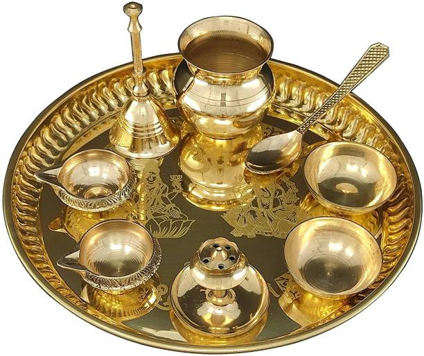 BENGALEN Brass Pooja Thali Set 8 Inch with Accessories Home Mandir Puja Return Gift Items Brass