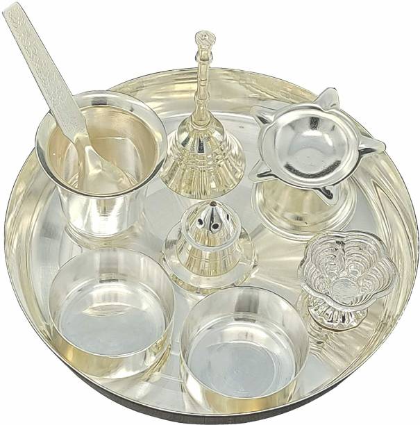 BENGALEN Silver Plated Pooja Thali Set 6 Inch Accessories Puja Decor Return Gift Items Silver Plated