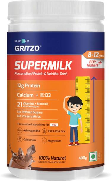 Gritzo SuperMilk Height+ for 8-12 Yr Boys, Health Drink, Double Chocolate, 400 g Whey Protein
