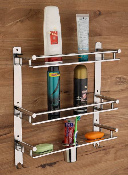 GRIVAN 3 Layer SS Multi-use Rack with Double Soap dish And Tumbler Holder Stainless Steel Wall Shelf
