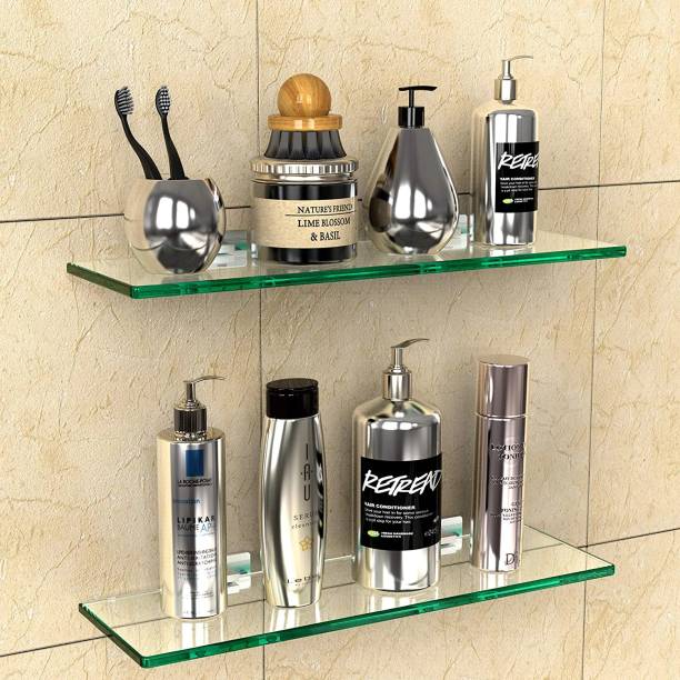 SANSKRUTI HUB Transparent Glass Shelf for Bathroom/Kitchen - 2 shelves with Becket (Size 6*15) Glass Wall Shelf