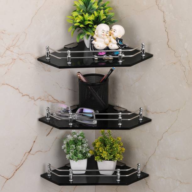 USF Glass Corner/Bathroom/Kitchen Shelf -9 X 9 Inches -Black -Diamond-Wall Mount (Transparent) Pack of 3 Glass, Stainless Steel Wall Shelf